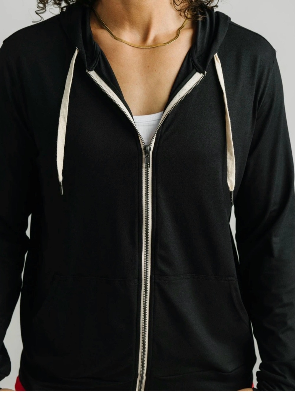 NWT Zyia Black Zip-Front Hoodie with Contrast Drawstrings